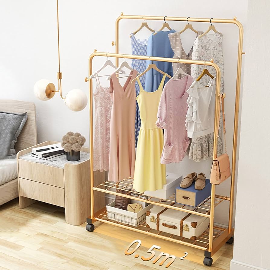 Amazon | ゴールド 金属 ハンガーラック 、 棚付き衣類ダブルレール